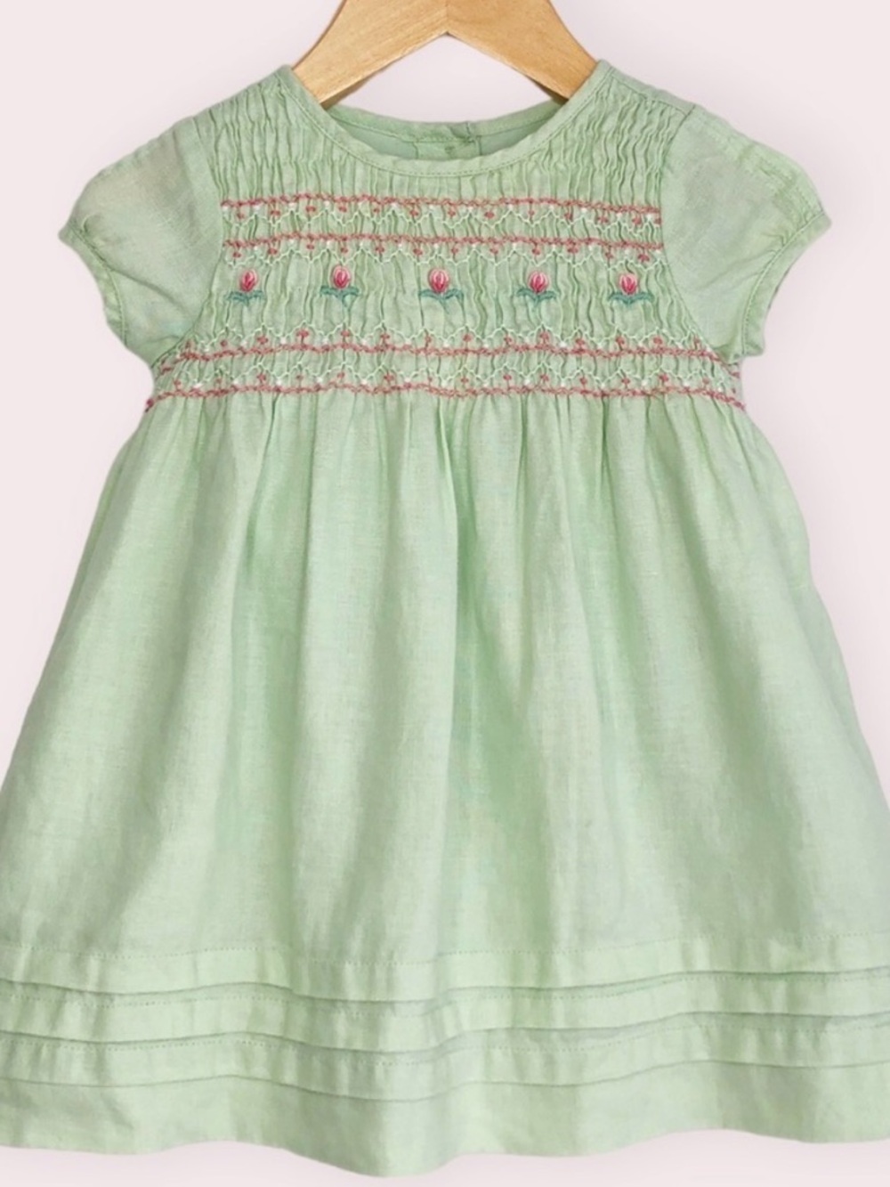 Janie and Jack dress green linen Tulip Blossoms smocked w/ bloomers 3-6 months